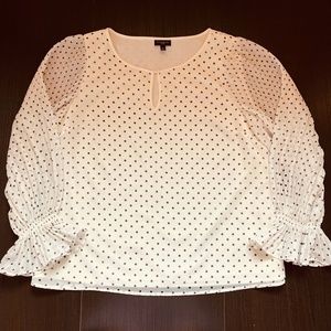 Black Polka Dot on White Blouse, Transparent Pleated Sleeves, Size Mp